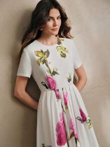 Anewsta French Vintage Romantic Rose Floral Print Round Neck Short Sleeve A-Line Dress For Women