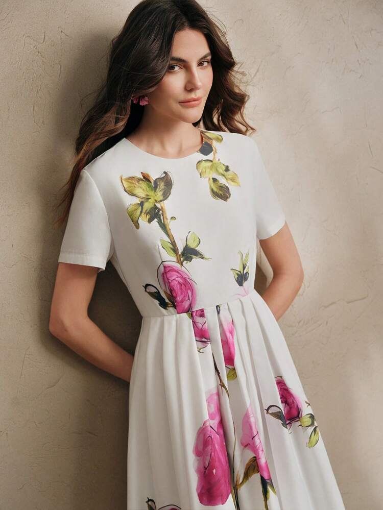 French Vintage Romantic Rose Floral Print Round Neck Short Sleeve A-Line Dress For Women