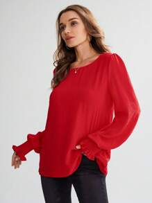 EMERY ROSE Round Neck Solid Ruffle Flare Sleeve Blouse Valentine's Day