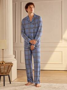 Manfinity Men Front Button Long Sleeve Plaid Simple Top And Pants Pajama Set - Blue - View 5