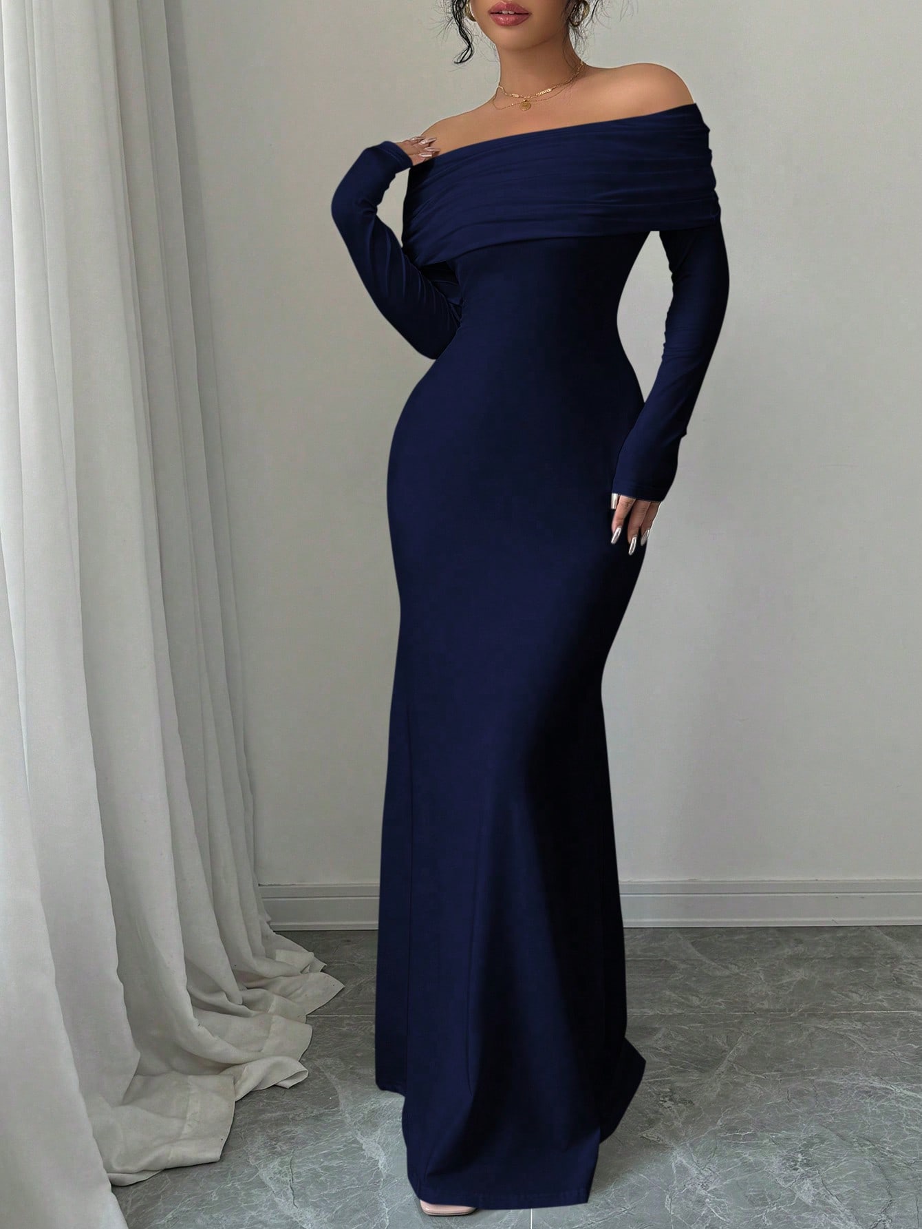 Rafferiza فستان طويل الأكمام ضيق الخصر مزدوج الطبق...