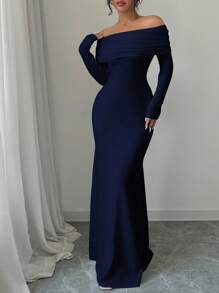 Rafferiza 性感优雅修身长袖收腰双层露肩扭纹鱼尾下摆罗纹针织白色连衣裙，女士秋冬款 - 藏蓝色 - 查看 7