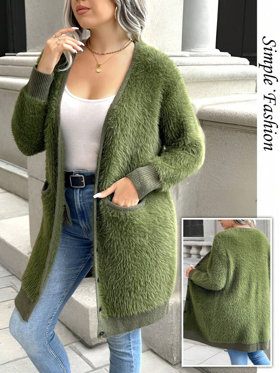 Calvaya Plus Size Women's Solid Color Simple Casual Fluffy Long Sleeve Cardigan - Army Green - View 1