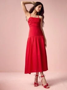 Enchnt Spring /Summer Romantic Women Simple Casual Everyday Red Gathered Trim Sling Long Dress, For Holiday Date Night&Sweet Date Night&Daily Commuting&Vacation&Afternoon Tea&Garden Parties&Graduation Season