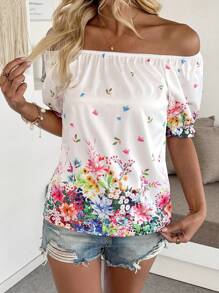 Breezaya Casual Flower Print Off Shoulder Blouse For Vacation - White - View 1