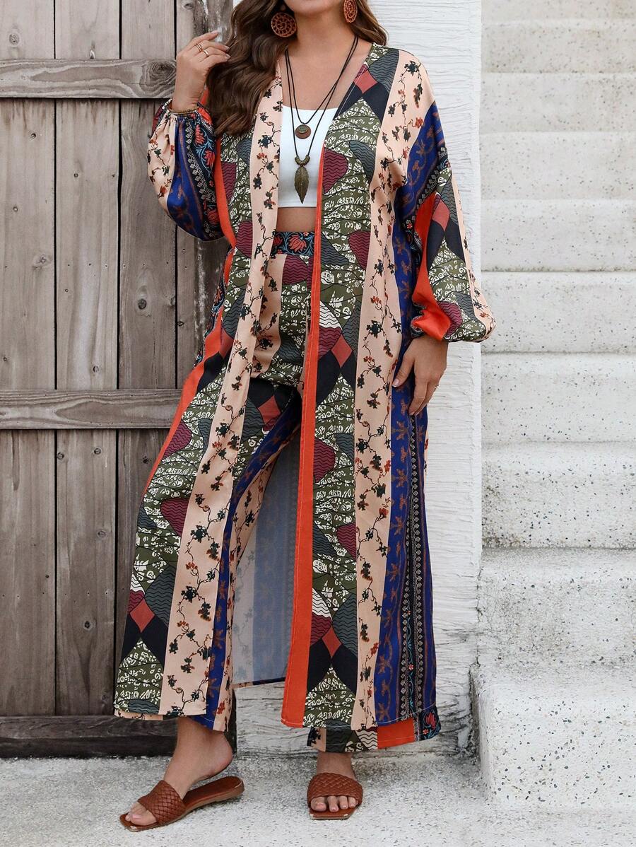 SHEIN LUNE 女士亚麻花卉印花宽松防晒罩衫 海滩罩衫 - 咖啡棕 - 查看 1
