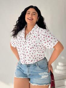 Solflare Blusa crop blanca con estampado de cerezas para tallas grandes de verano - Blanco - Ver 4