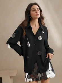 Anewsta Handmade Silver Sequin Embellished Versatile Chiffon Blouse, Spring Outfits For Women - Black - View 7