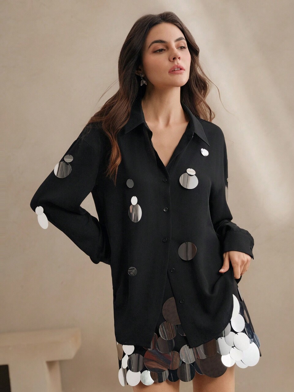 Handmade Silver Sequin Embellished Versatile Chiffon Blouse, Spring For Women