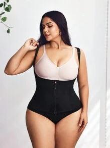 SHEIN CURVE+ Plus Size Summer Solid Color Front Zipper Shapewear Tos, High Elastic Tummy Control Vest - Black - View 7