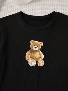 Tween Girls Cute Cartoon Print Pajama Set With Round Neck T-Shirt And Shorts - Black - View 5