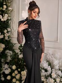 Glamrae 优雅黑色亮片刺绣手工钻立领长袖透视腰部珠链流苏装饰褶皱鱼尾拖尾婚礼宾客礼服，适合情人节宴会晚礼服、正式礼服、晚礼服、长袍 - 黑色 - 查看 2