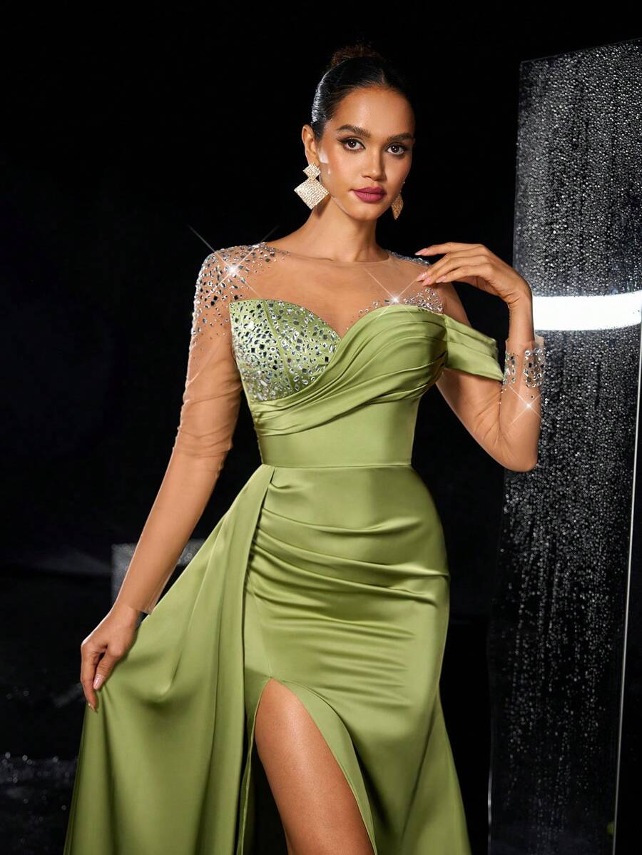 Glamrae 优雅薄荷绿亮面缎面透视长袖花朵贴花高领奢华水钻美人鱼侧高开衩垂坠尾长款晚礼服、婚礼宾客礼服、派对礼服、正式礼服 - 綠色 - 查看 1