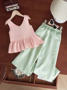 SHEIN Tween Girls Loose Casual Korean Style Lace-Up Strap Ruffle Trim Top & Shorts 2pcs Set - Pink - View 2