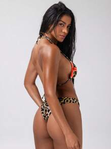 Swim EVENT 2pcs Set Women Leopard & Floral Print Bikini Set, For Summer Beach Vacation - Red - View 2