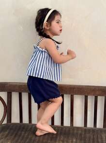 SHEIN LMoss Kids LMoss 2 件装女婴编织吊带背心和编织短裤套装