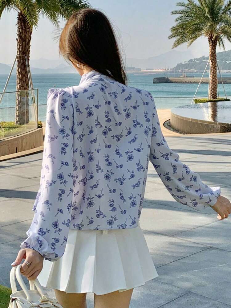 Women's Long Sleeve Ruffle Tie Front Blouse, Summer Vacation Top Floral Boho