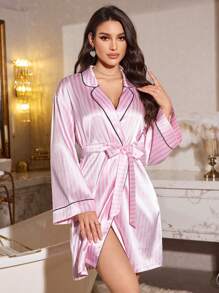 LuxeNights Decorative Trim Striped Faux Silk Women's Belted Bathrobe Luxe Loungewear Cozy And Elegant Details, Fall & Winter - Pink - View 3