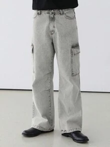 DAZY Solid Gray Men's Utility Pocket Jeans, Autumn - Light Grey - View 5