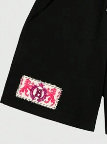 ROMWE MEN Street Life Quần short cạp chun rút dây họa tiết ngôi sao dành cho nam, thích hợp mặc hàng ngày, mùa xuân/hè - màu đen - Xem 3