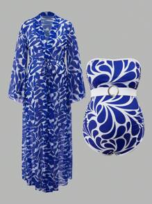 SHEIN Maternity Kimono With Blue Silhouette & Floral Print, Elegant, For Summer Beach Vacation