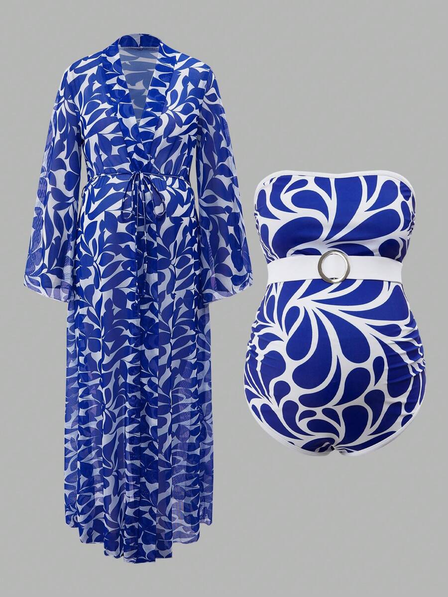 SHEIN Maternity Kimono With Blue Silhouette & Floral Print, Elegant, For Summer Beach Vacation