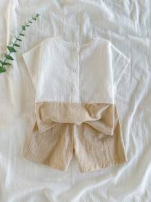 Vintaside Kids 2pcs Baby Boy Colorblock Round Neck Short Sleeve Top And Shorts Set, For Daily Wear - Apricot - View 2