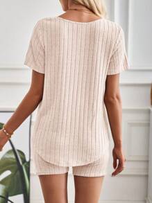 SHEIN LUNE Women's Casual Solid Notch Neck Short Sleeve & Shorts 2 Pieces Set - Apricot - View 2