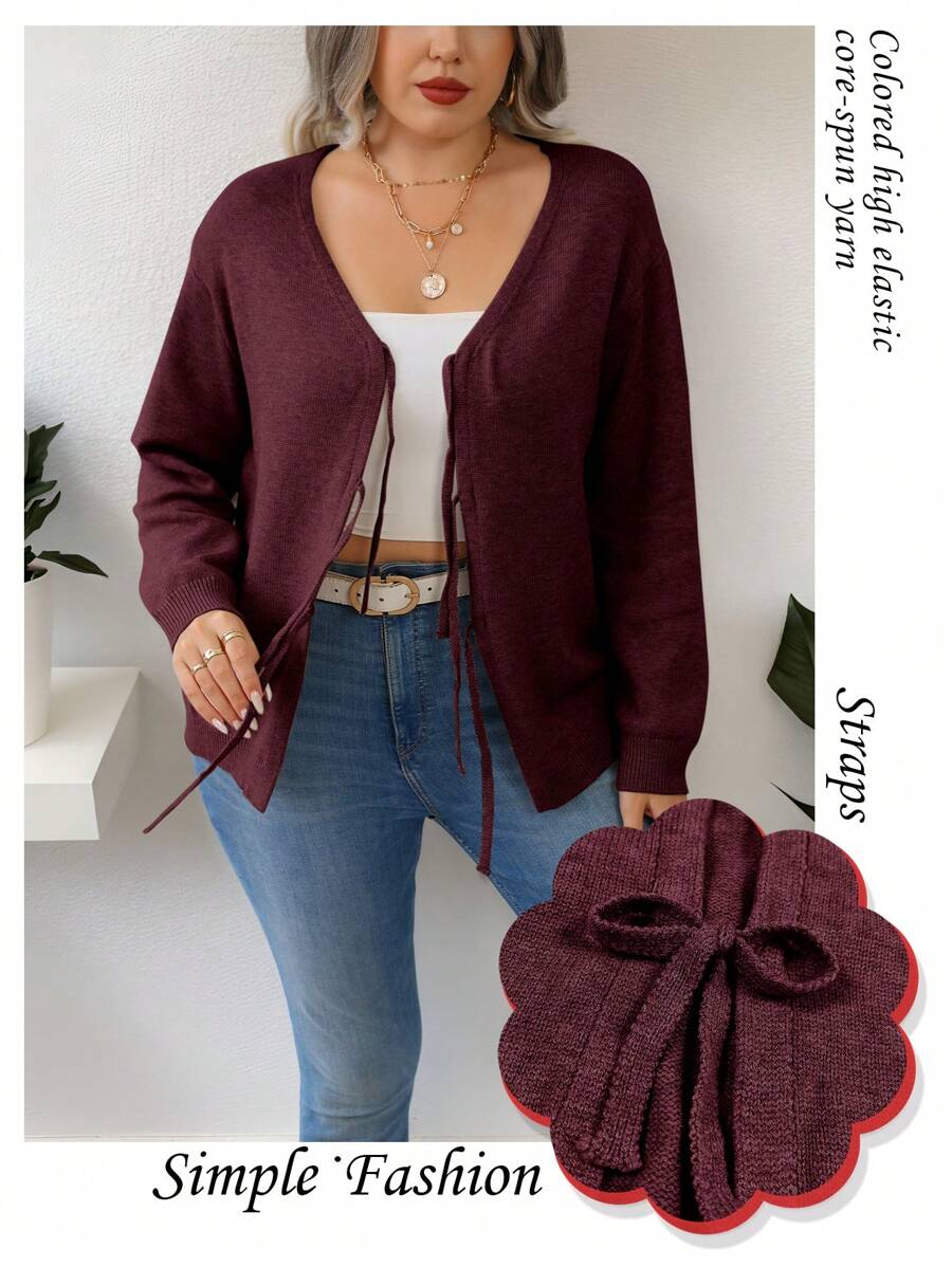 Calvaya 大码女式休闲简约落肩宽松前系带开衫，圣诞节，冬季勃艮第毛衣女式勃艮第毛衣 - 酒紅色 - 查看 1