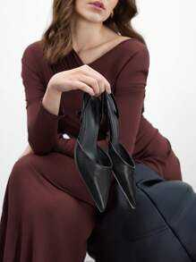 CUCCOO BIZCHIC 女士时尚尖头勃艮第酒红色带扣细高跟鞋，百搭高跟凉鞋，情人节款 - 黑色 - 查看 2