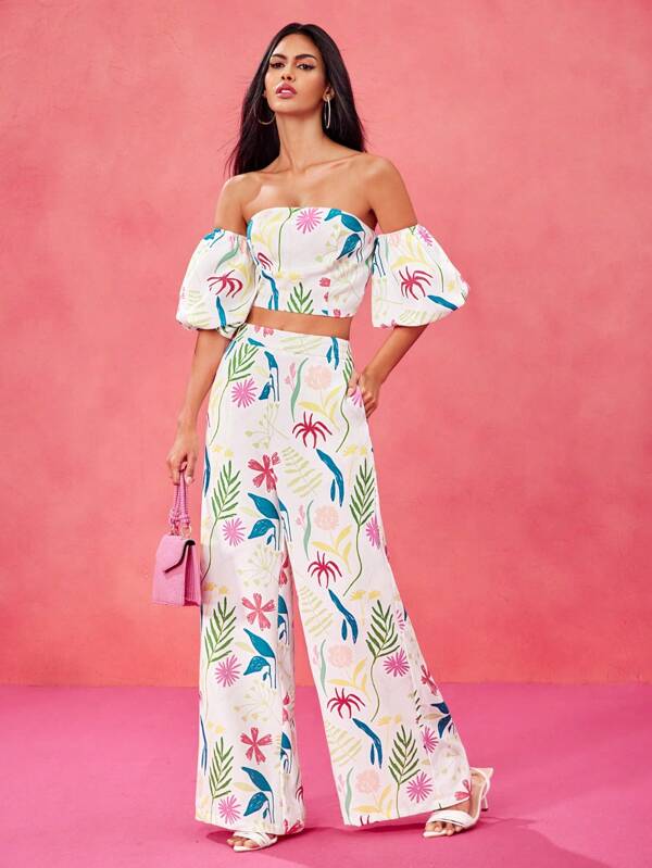 Miriam Omar Set de pantaloni evazați, cu mâneci lanternă, cu imprimeu floral, boho, de designer, pentru festival