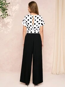 SHEIN Clasi 圆点印花上衣和纯色裤子优雅连身裤，简约设计 - 黑與白 - 查看 2