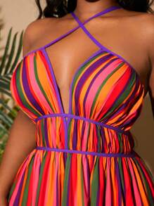 SHEIN SXY Plus Size Spring/Summer Elegant Vacation Casual Striped Halter Dress,Beach Dress Sundress,Holiday Outfits Boho - Multicolor - View 5
