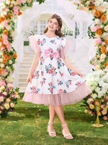 复古印花蝴蝶结装饰公主裙，欧美风格节日演出服 - 彩色 - 查看 3