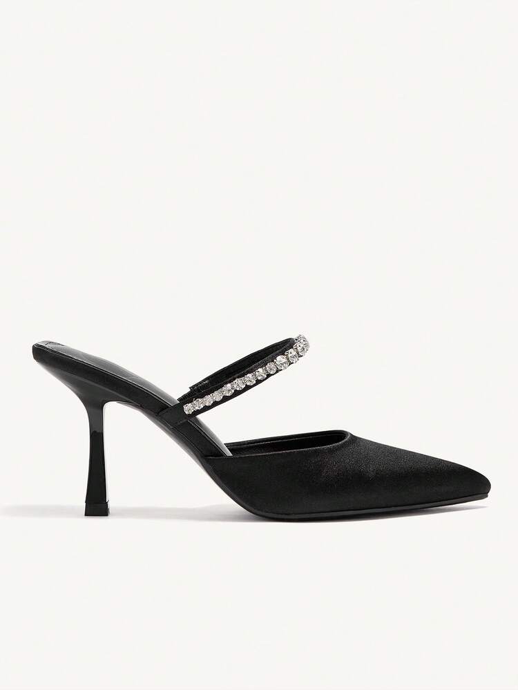 CUCCOO CHICEST Women's Fashion Black Silk Fabric Crystal Embellished Mule Pointed Toe High Heel Shoes, Suitable For Commute, Date, Party, Holiday, Wedding Summer Shoes Summer Break Easter Prom Heels For Christmas Elegant Shoes Wedding Shoes Summer Shoes Bride Shoes
