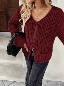 SHEIN LUNE Áo len cardigan cài nút màu trơn cho nữ, Xuân/Hè - Màu Đỏ Sâu - Xem 5