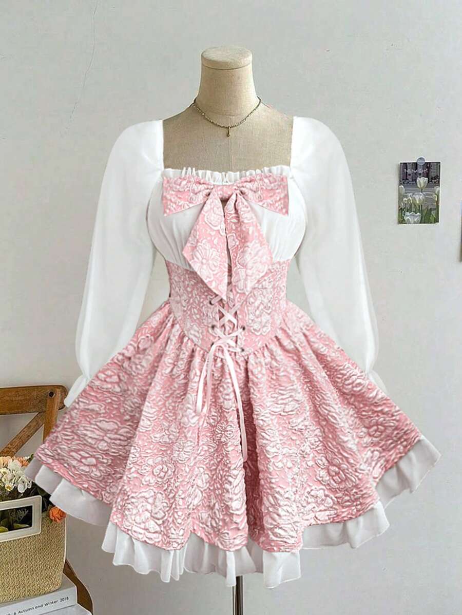 Sweetra Color Blocking Elegant Romantic Long Sleeve Chiffon Dress - Pink - View 1