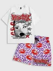 ROMWE MEN Street Life 2pcs Men's Street Portrait Print Short Sleeve T-Shirt And Shorts Set, Suitable For Everyday Wear In Spring/Summer - White - View 1