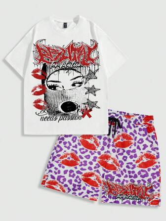 Street Life 2 Stücke Herren Set aus Portrait-Muster Kurzarm T-Shirt und Shorts, geeignet für den täglichen Einsatz im Frühling/Sommer