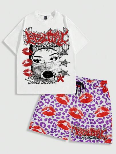 Street Life 2 pièces Ensemble t-shirt à manches courtes et short imprimé portrait d'homme, idéal pour le port quotidien au printemps/été