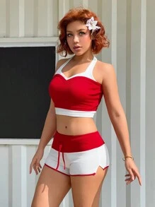 SHEIN Sweetina 甜美运动拼色腰带和抽绳复古低腰短裤套装 - 紅白色 - 查看 4
