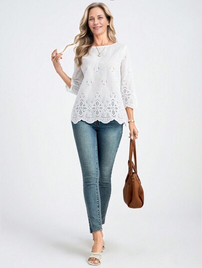 SHEIN LUNE Women's Casual Vacation Solid Color Hollow Embroidered Shirt