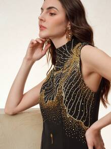 Anewsta Women's New Fashion Elegant Rhinestone Sleeveless Ball Gown Dress