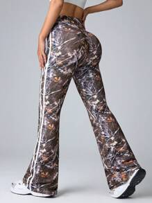Easithlete Women's Asymmetrical Waist Branch Print Flare Sports Pants