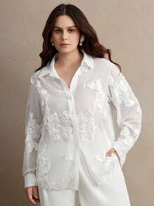 Anewsta قميص فرنسي كلاسيكي للنساء مطرز بالأزهار الشفاف بأحجام كبيرة أبيض بأكمام طويلة لإطلالات الربيع للنساء - أبيض - مشاهدة 4