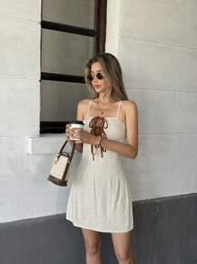 SHEIN Unity Women's Hollow Splice Contrast Color Tie-Up Short Casual Minimalist Vacation Style Dress - Apricot - View 7