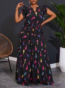 Slaydiva New 2025 Plus Size Women Casual & Holiday Fashion Cap Sleeve Wine Bottle Print Drawstring Jumpsuit Spring/Summer - Multicolor - View 4