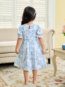 年轻女孩花卉图案圆领短袖柔软舒适休闲睡袍兄弟姐妹装（2 套单独出售） - 藍白色 - 查看 2