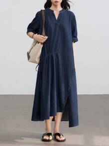 Dazy-Less 女士商务休闲宽松直筒抽绳系带拼接牛仔连衣裙 - 深色水洗藍 - 查看 2