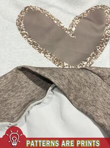 EMERY ROSE Casual Minimalist Allover Heart Print Round Neck Long Sleeve Long Hoodie Sweatshirt, Plus Size, Suitable For Autumn & Winter